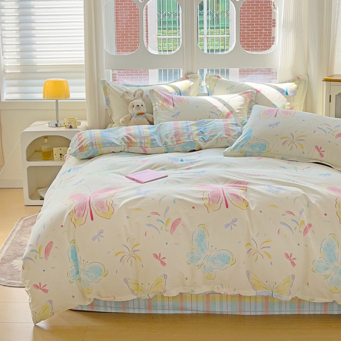 91家纺网 家纺一手货源 找家纺 暖芯优选 2025直播爆款全棉ins印花四件套纯棉床单床笠学生三件套9月上新 恋蝶花瑶