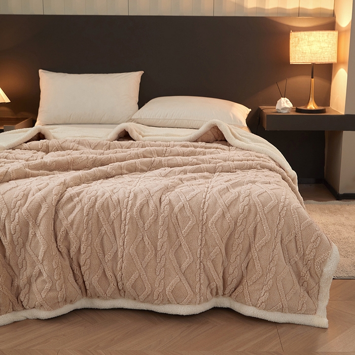 91家纺网 家纺一手货源 找家纺 澳梵家居 2024新款三层夹棉加厚塔肤绒毛毯-场景二 卡其白