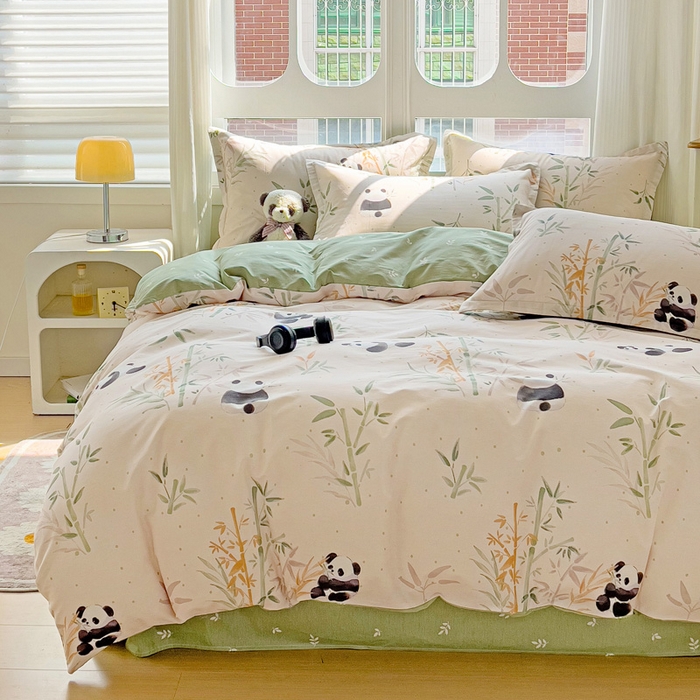 91家纺网 家纺一手货源 找家纺 暖芯优选 2025直播爆款全棉ins印花四件套纯棉床单床笠学生三件套9月上新 熊猫竹园