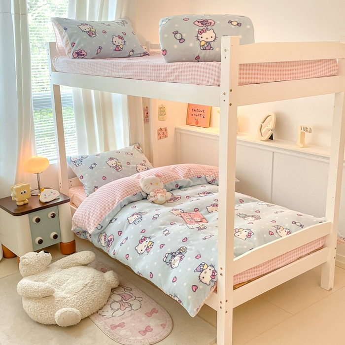 91家纺网 家纺一手货源 找家纺 星座 2025新款三丽鸥牛奶绒套件学生床 糖果KT猫 蓝