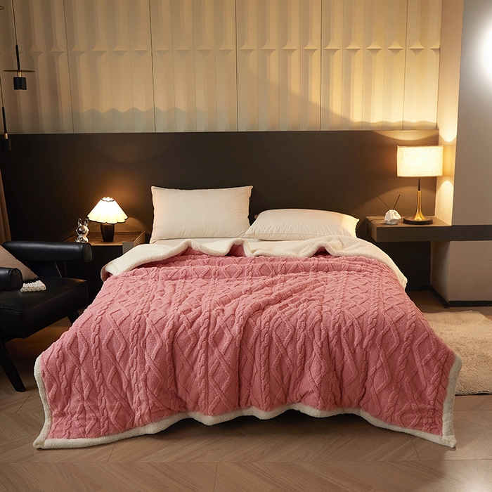 91家纺网 家纺一手货源 找家纺 澳梵家居 2024新款三层夹棉加厚塔肤绒毛毯-场景二 苏梅-白