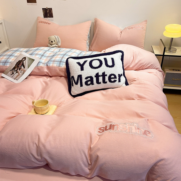 91家纺网 家纺一手货源 找家纺 眠帛家居 2024新款水洗棉磨毛提花刺绣四件套阳光系列 阳光-奶油粉