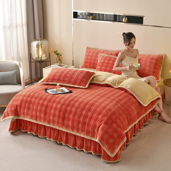 91家纺网 家纺一手货源 找家纺 满羽 2024新款雕花牛奶绒四件套 雅致格调-橘红