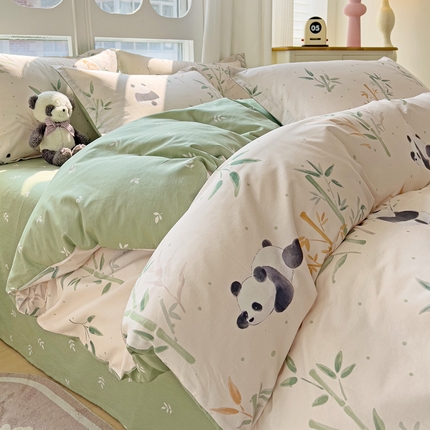 暖芯优选 2025直播爆款全棉ins印花四件套纯棉床单床笠学生三件套9月上新 熊猫竹园