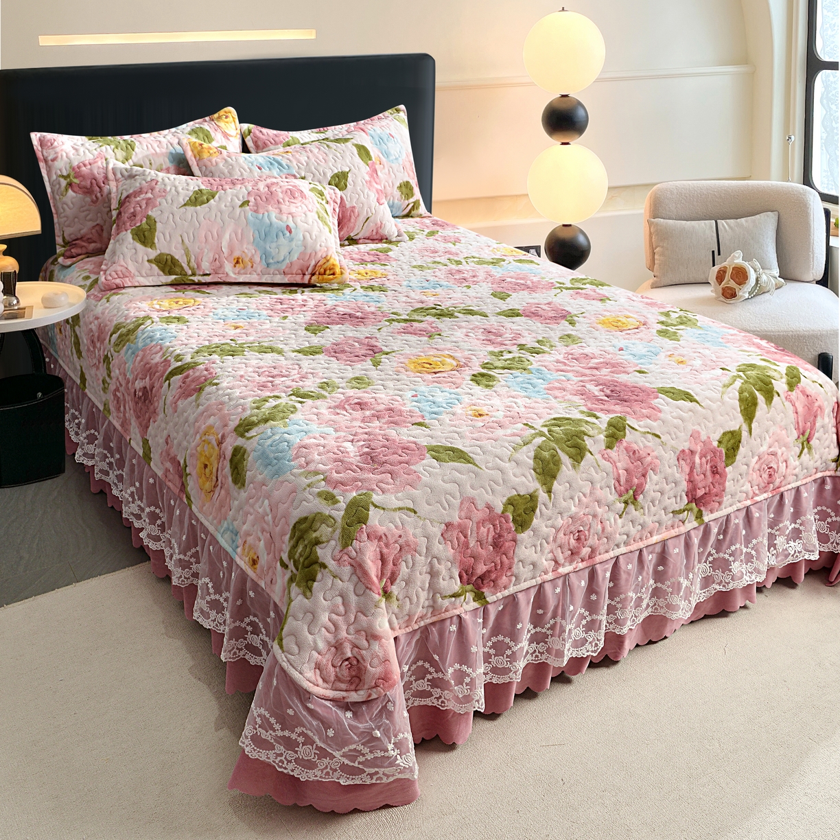 91家纺网 家纺一手货源 找家纺 2024新款亲肤牛奶绒夹棉床盖四件套 诗意玫瑰