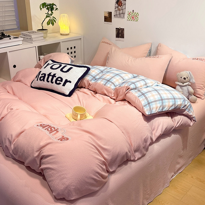 91家纺网 家纺一手货源 找家纺 眠帛家居 2024新款水洗棉磨毛提花刺绣四件套阳光系列 阳光-奶油粉