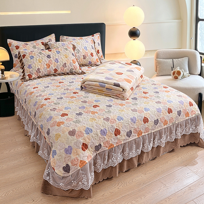 91家纺网 家纺一手货源 找家纺 2024新款亲肤牛奶绒夹棉床盖四件套 霓虹甜心