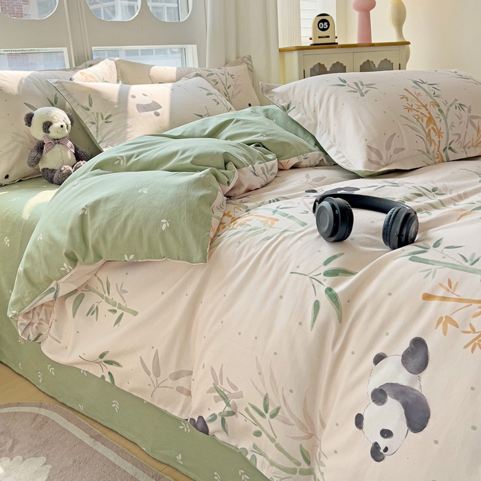 91家纺网 家纺一手货源 找家纺 暖芯优选 2025直播爆款全棉ins印花四件套纯棉床单床笠学生三件套9月上新 熊猫竹园