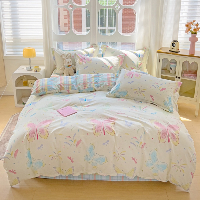 91家纺网 家纺一手货源 找家纺 暖芯优选 2025直播爆款全棉ins印花四件套纯棉床单床笠学生三件套9月上新 恋蝶花瑶