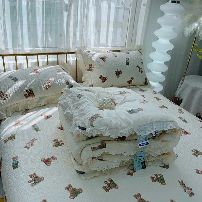 91家纺网 家纺一手货源 找家纺 暖居 2024暖居韩版纯棉豆豆被高温砂洗床盖四件套同款全棉被套 熊和兔