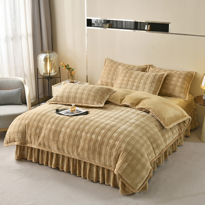 91家纺网 家纺一手货源 找家纺 满羽 2024新款雕花牛奶绒四件套 雅致格调-金驼