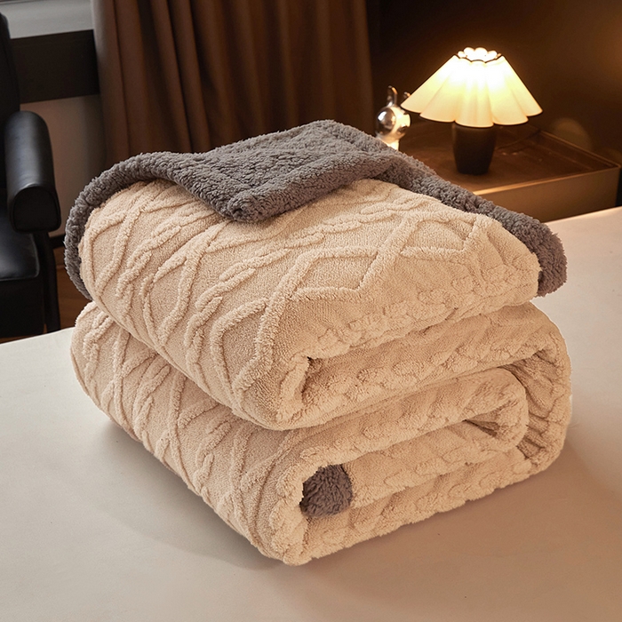 91家纺网 家纺一手货源 找家纺 澳梵家居 2024新款三层夹棉加厚塔肤绒毛毯-场景二 卡其灰