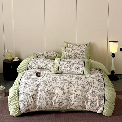 一左一右 2024秋冬新款法式复古印花褶皱花边水洗磨毛四件套-场景一（提供买家秀） 复古绿