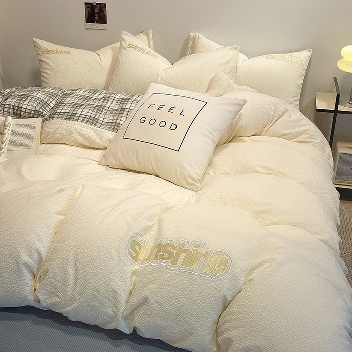 91家纺网 家纺一手货源 找家纺 眠帛家居 2024新款水洗棉磨毛提花刺绣四件套阳光系列 阳光-奶杏