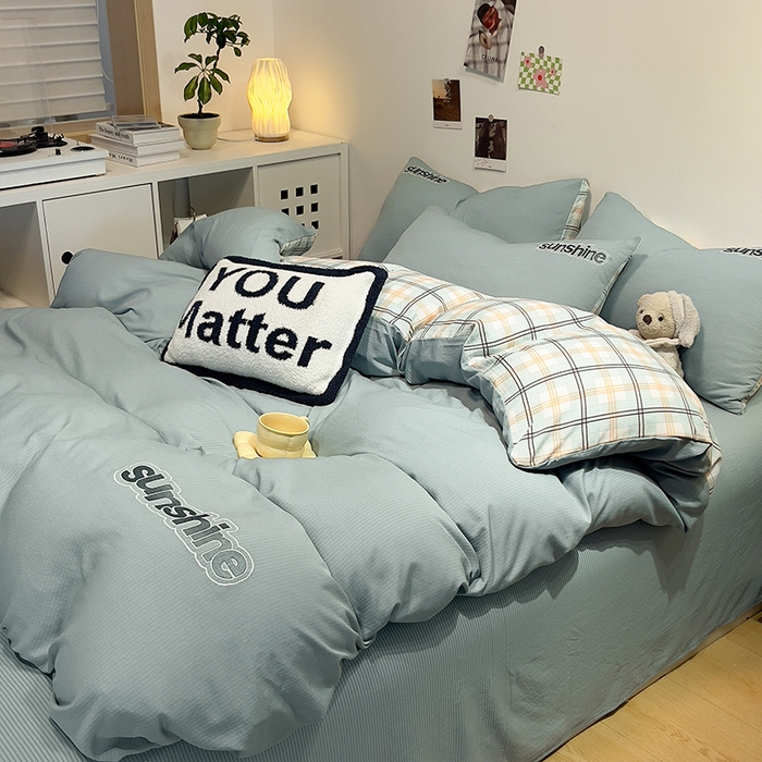 91家纺网 家纺一手货源 找家纺 眠帛家居 2024新款水洗棉磨毛提花刺绣四件套阳光系列 阳光-繁星蓝