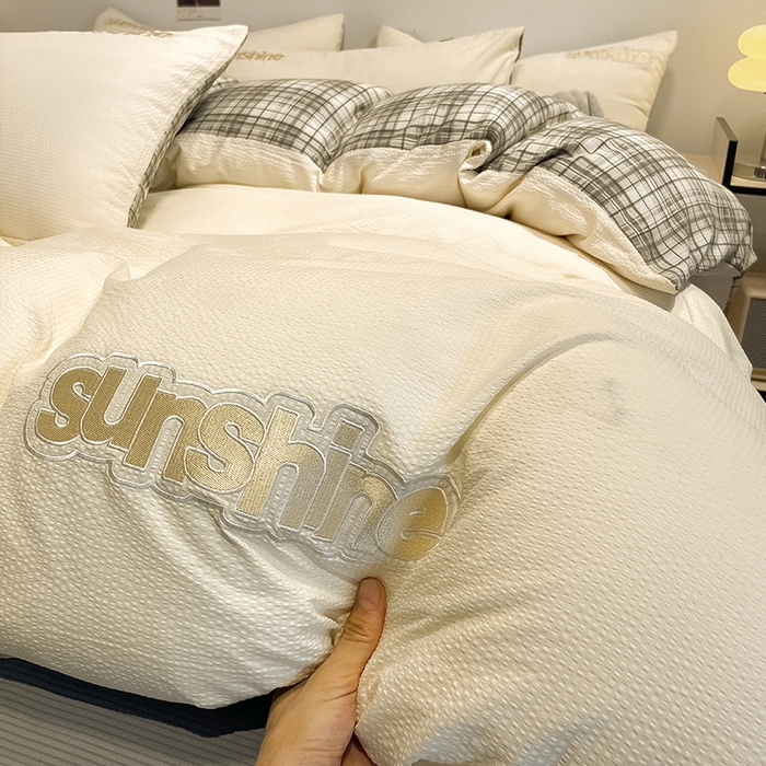 91家纺网 家纺一手货源 找家纺 眠帛家居 2024新款水洗棉磨毛提花刺绣四件套阳光系列 阳光-奶杏