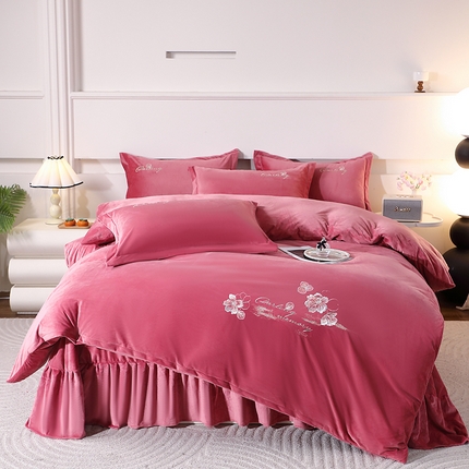 2024新款母婴级花边床单款婴儿绒刺绣四件套 长相思-豆沙