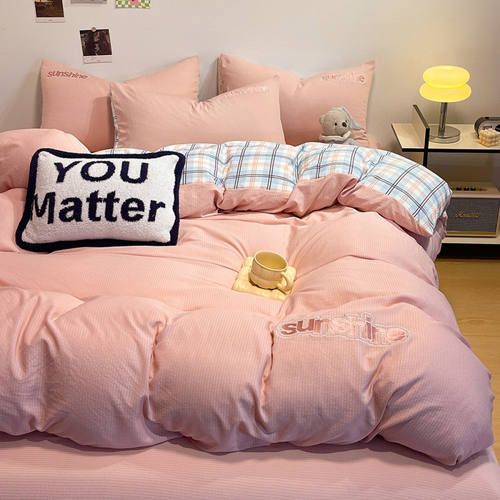 91家纺网 家纺一手货源 找家纺 眠帛家居 2024新款水洗棉磨毛提花刺绣四件套阳光系列 阳光-奶油粉