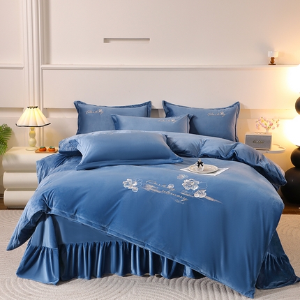 2024新款母婴级花边床单款婴儿绒刺绣四件套 长相思-宾利蓝