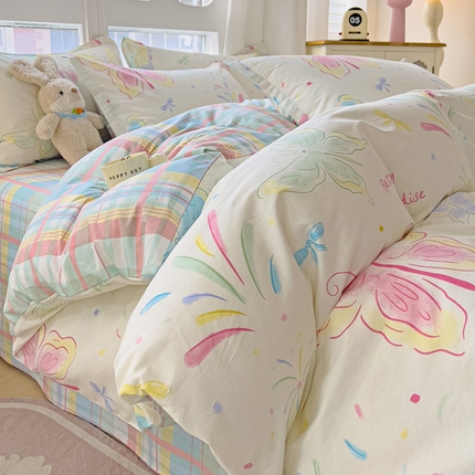 暖芯优选 2025直播爆款全棉ins印花四件套纯棉床单床笠学生三件套9月上新 恋蝶花瑶