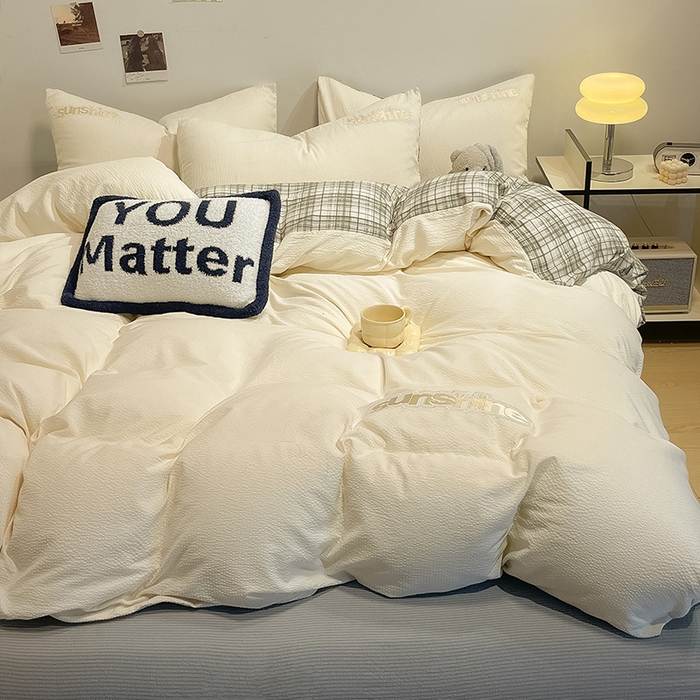 91家纺网 家纺一手货源 找家纺 眠帛家居 2024新款水洗棉磨毛提花刺绣四件套阳光系列 阳光-奶杏