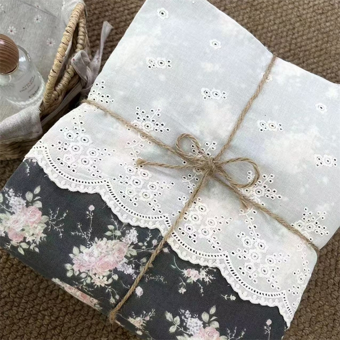 91家纺网 家纺一手货源 找家纺 2024新款全棉印花双层纱四件套--蕾丝花边款繁花