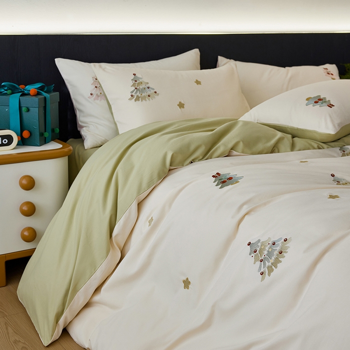 91家纺网 家纺一手货源 找家纺 2024新款60s全棉磨毛绣花四件套（元气卡通系） 冬日礼物-绿