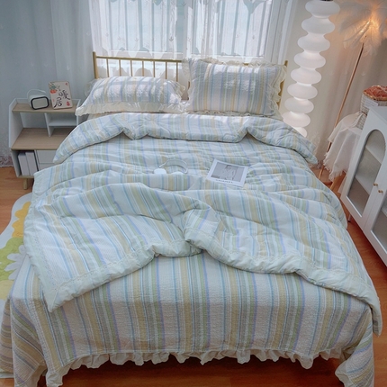 91家纺网 家纺一手货源 找家纺 暖居 2024新款春秋被床盖四件套高温砂洗棉花床盖三件套 条纹黄