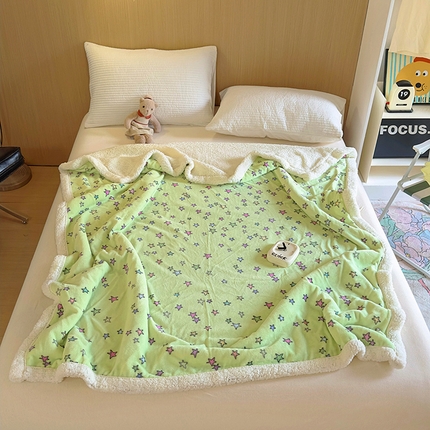 91家纺网 家纺一手货源 找家纺 山茶家纺 2024新款多功能羊羔绒双层大版牛奶绒盖毯 盖毯-绿星星