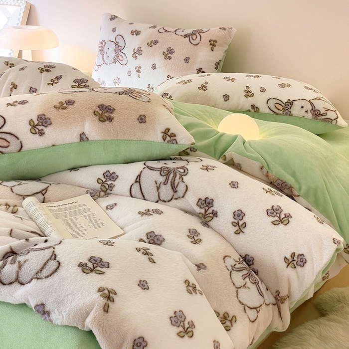 91家纺网 家纺一手货源 找家纺 安哆啦家纺 2024新款ins风高克重兔毛绒四件套 花丛兔