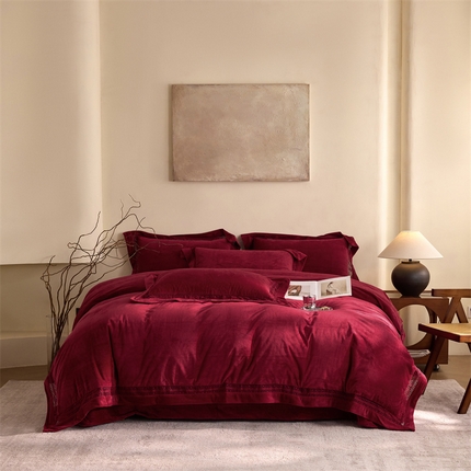 榻尚家居 2024新款加厚婴肤牛奶绒四件套-云梦 云梦-酒红