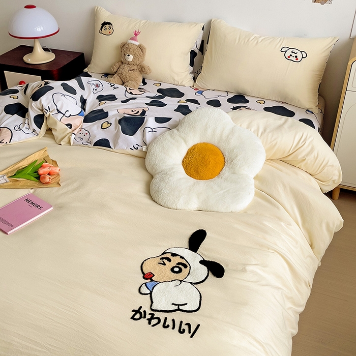 91家纺网 家纺一手货源 找家纺 一霖家纺 2024新款高克重云朵棉毛巾绣印＋绣小清新系列四件套 蜡笔新新