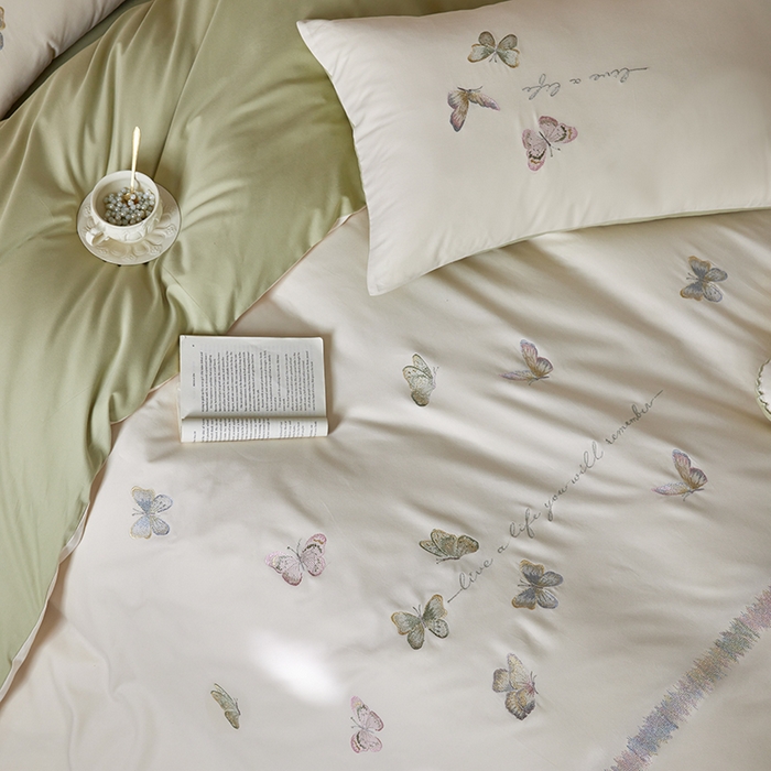 91家纺网 家纺一手货源 找家纺 2024新款60s全棉磨毛蝴蝶绣花四件套 蝴蝶-奶芙绿