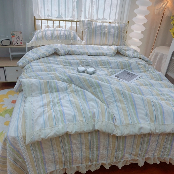 91家纺网 家纺一手货源 找家纺 暖居 2024新款春秋被床盖四件套高温砂洗棉花床盖三件套 条纹黄