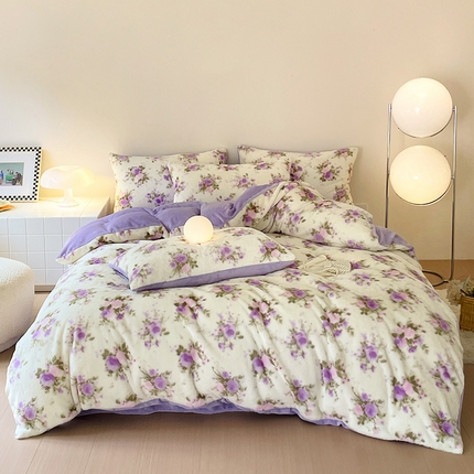 安哆啦家纺 2024新款ins风高克重兔毛绒四件套 花团锦簇