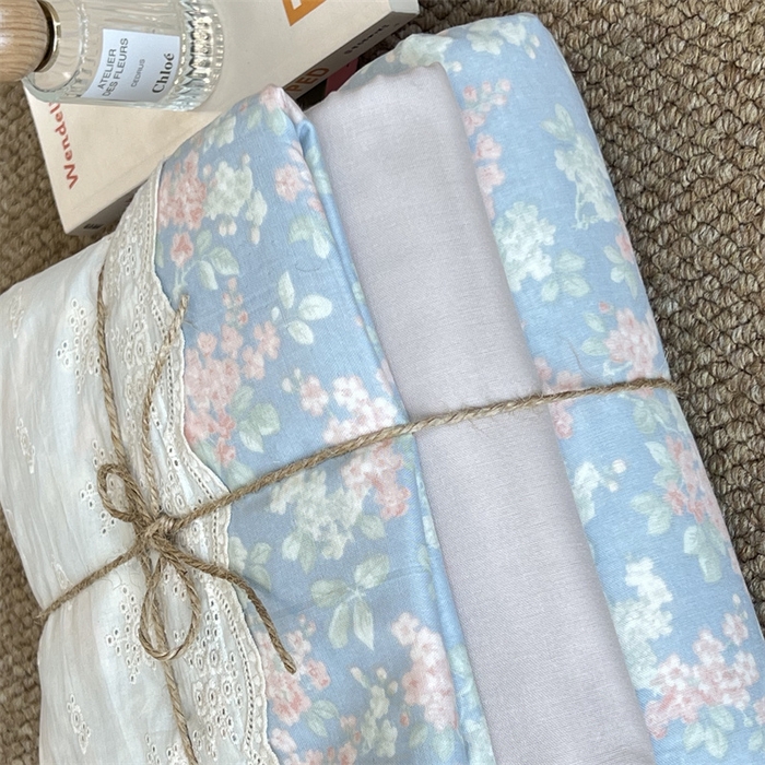 91家纺网 家纺一手货源 找家纺 2024新款全棉印花双层纱四件套--蕾丝花边款繁园-蓝