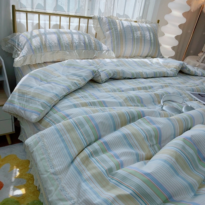 91家纺网 家纺一手货源 找家纺 暖居 2024新款春秋被床盖四件套高温砂洗棉花床盖三件套 条纹黄