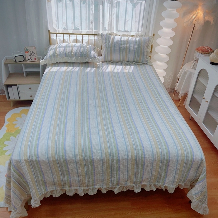 91家纺网 家纺一手货源 找家纺 暖居 2024新款春秋被床盖四件套高温砂洗棉花床盖三件套 条纹黄