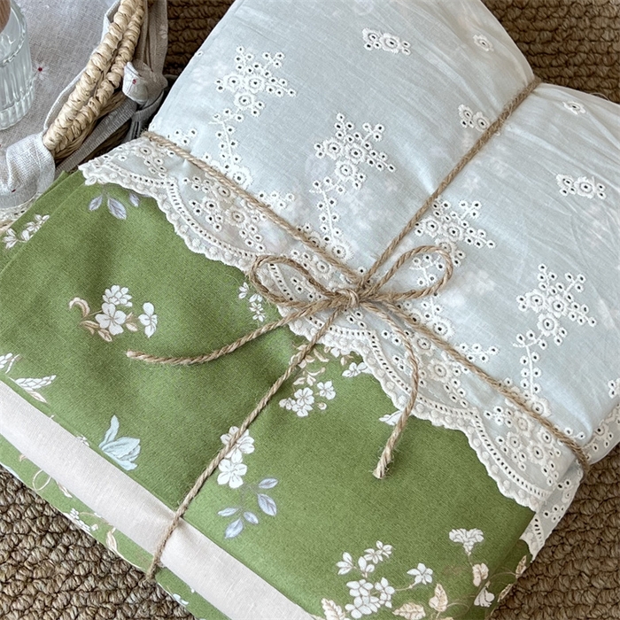 91家纺网 家纺一手货源 找家纺 2024新款全棉印花双层纱四件套--蕾丝花边款 观棠