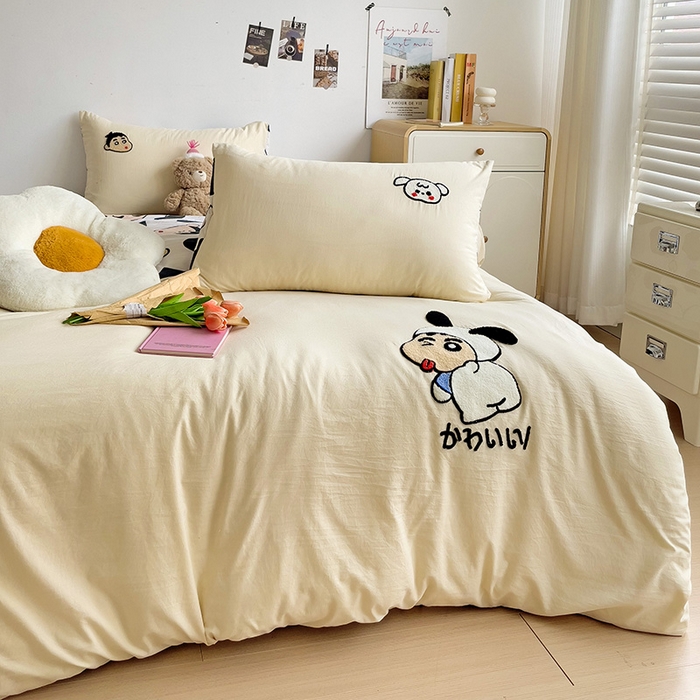 91家纺网 家纺一手货源 找家纺 一霖家纺 2024新款高克重云朵棉毛巾绣印＋绣小清新系列四件套 蜡笔新新