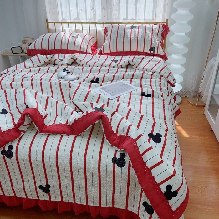 91家纺网 家纺一手货源 找家纺 暖居 2024新款春秋被床盖四件套高温砂洗棉花床盖三件套 酒红米奇