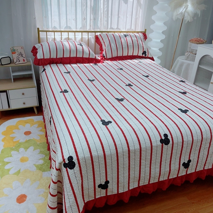 91家纺网 家纺一手货源 找家纺 暖居 2024新款春秋被床盖四件套高温砂洗棉花床盖三件套 酒红米奇