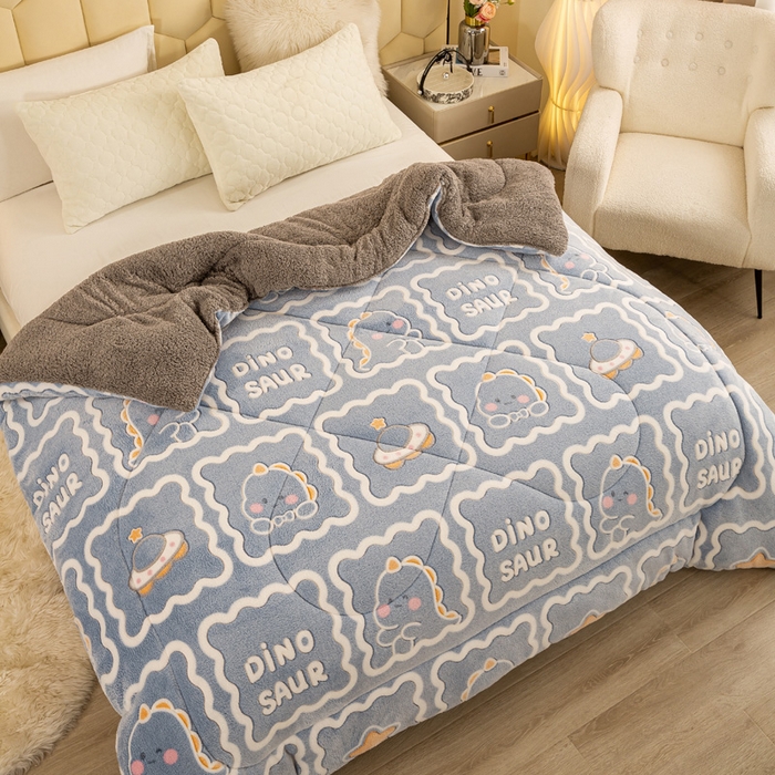 91家纺网 家纺一手货源 找家纺 2025新款直播雪花绒冬被法莱绒羊羔绒牛奶绒被子被芯 恐龙宝贝