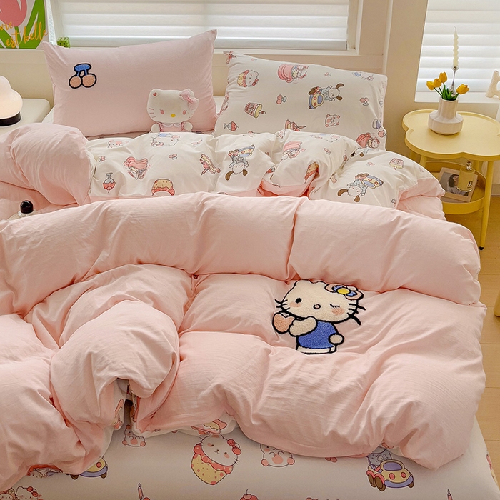 91家纺网 家纺一手货源 找家纺 一霖家纺 2024新款高克重云朵棉毛巾绣印＋绣小清新系列四件套 蛋糕小猫