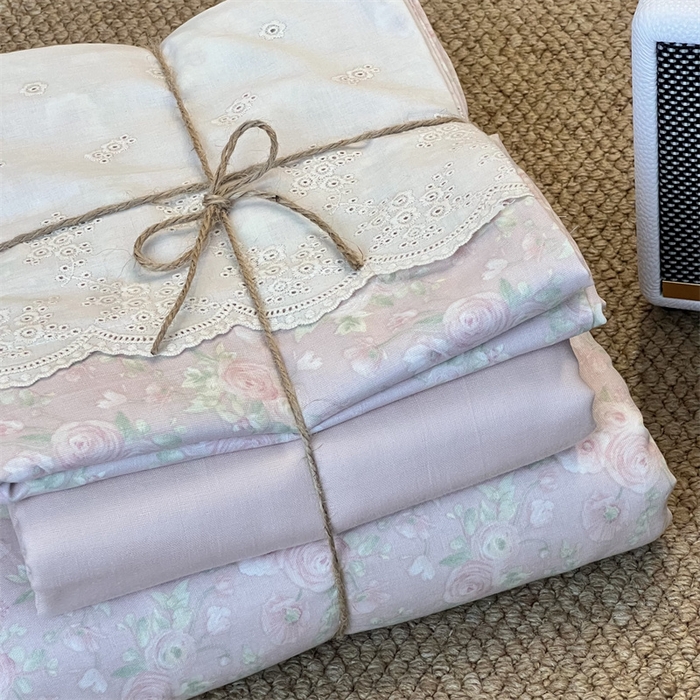 91家纺网 家纺一手货源 找家纺 2024新款全棉印花双层纱四件套--蕾丝花边款 芙里南