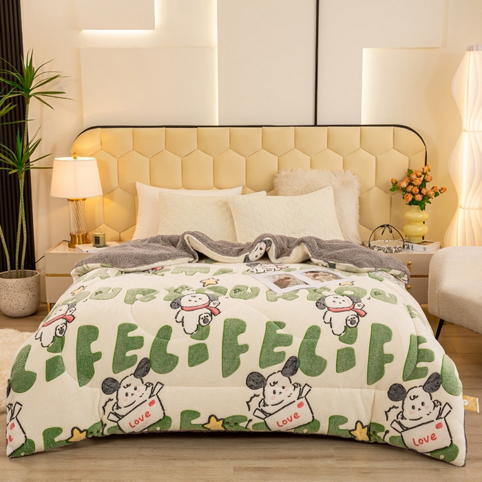 91家纺网 家纺一手货源 找家纺 2025新款直播雪花绒冬被法莱绒羊羔绒牛奶绒被子被芯 字母小狗