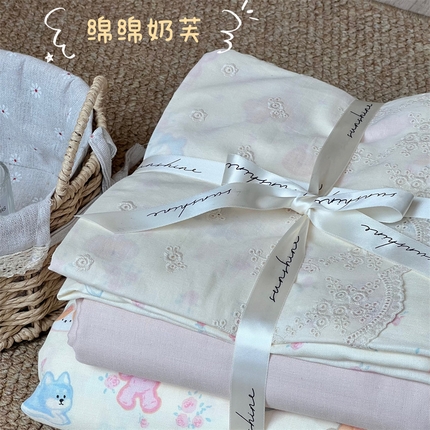 91家纺网 家纺一手货源 找家纺 （总）2024新款全棉印花双层纱四件套--蕾丝花边款