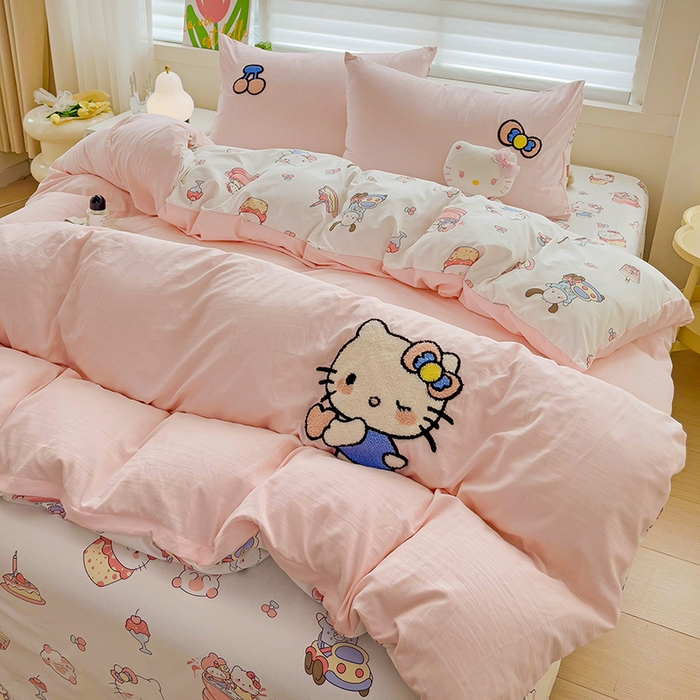 91家纺网 家纺一手货源 找家纺 一霖家纺 2024新款高克重云朵棉毛巾绣印＋绣小清新系列四件套 蛋糕小猫