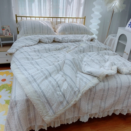 91家纺网 家纺一手货源 找家纺 暖居 2024新款春秋被床盖四件套高温砂洗棉花床盖三件套 规律条纹