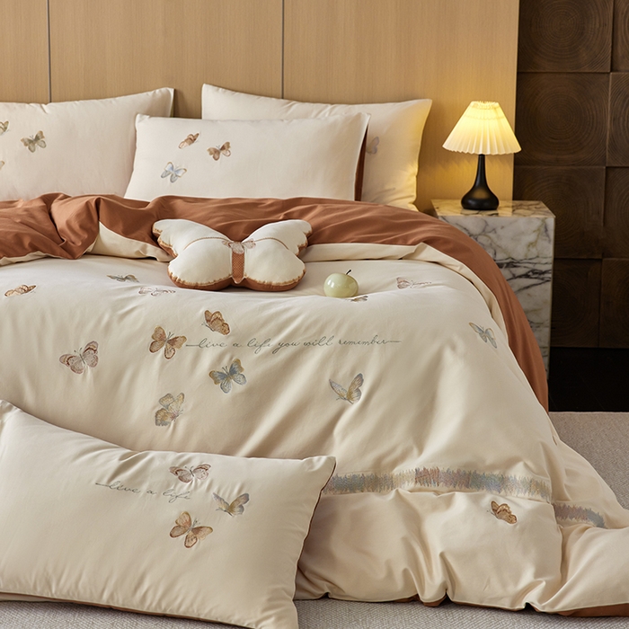 91家纺网 家纺一手货源 找家纺 2024新款60s全棉磨毛蝴蝶绣花四件套 蝴蝶-奶芙咖